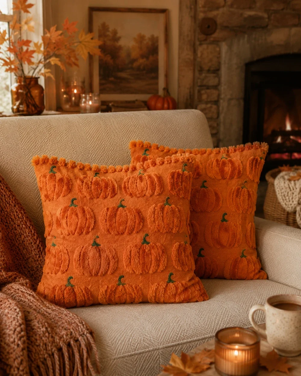 Set of 2 Orange Pumpkin Fall Throw Pillow Covers 17x17 Autumn Decor NWOT